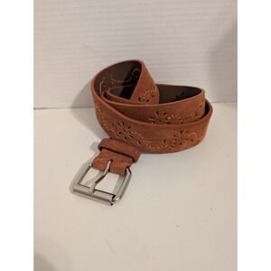 Leather Suede Rust Floral Cut Out Belt‎ Silver Buckle 45" Size XL